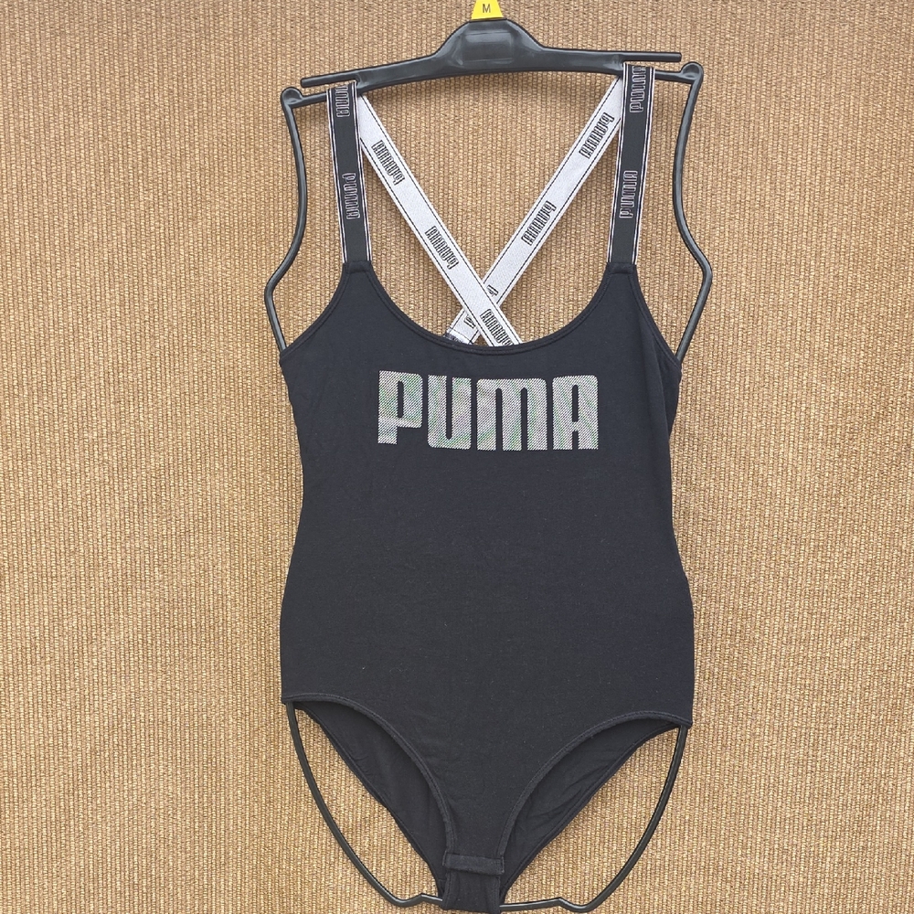 Puma Women's Black Bodysuit with Logo Straps